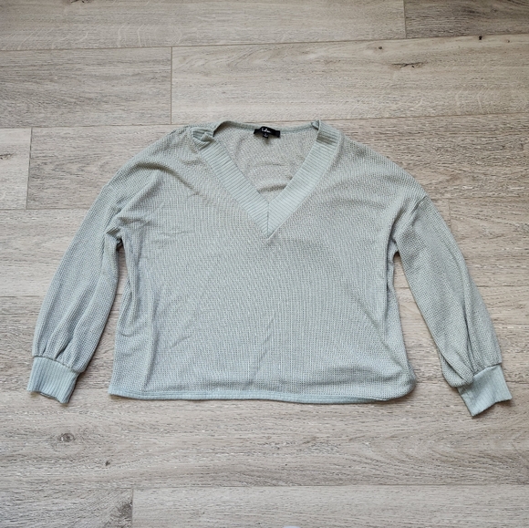 Lulus Sage Green Thermal Waffle Knit Top Womens Small Vneck Long Balloon Sleeve - Picture 1 of 9